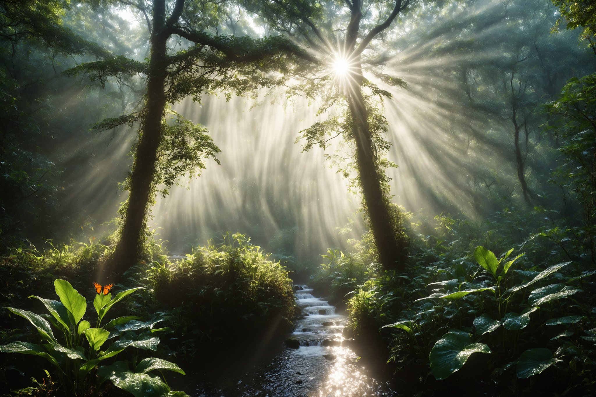 A close up wide angle panoramic photograph through dense giant shoulder high  wet dew drop covered leaves revealing a winding clear stream leading downwards through a clearing in a dense tropical forest. The stream drops down to a tall cascading waterfall dropping down in to a clear pool with black and white opals refelcting the sunlight in a miriad colours. BREAK Surrounded by flowers. Butterflies, frogs, mice, rabbits, foxes, birds and insects fly in and out of the laser straight rays of sunlight breaking through the canopy. The wet forest leaves and  shrubbery catches the light on a fresh crisp bright morning. Ultra High resolution photograph, 8k, SHD, HDR, Sharp focus, Depth of field. Digital painting ,DRG