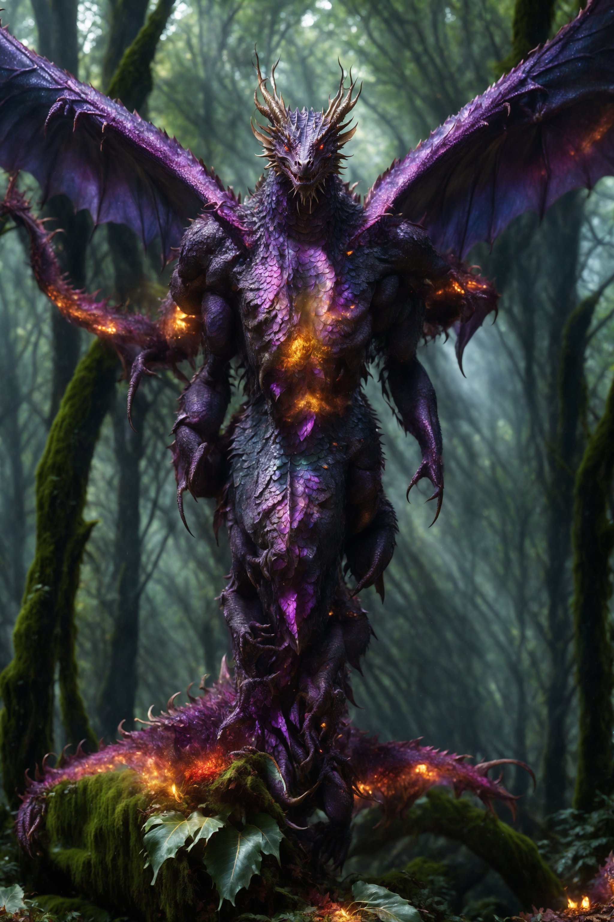 A cinematic shot of an enormous man shaped giant walks on 2 legs emerging from the dark verdant autumn green and brown leaf forrest behind it,  it approaches the viewer. As it walks it reveals glittering red purple and black opal scales that refract light like dew drops on its super-hyper-real detailed textured skin. the giants branchlike wings behind its back blend seamlessly with the surrounding foliage. Purple green smoke rises from the ground below its feet. The camera captures the scene in stunning HDR, showcasing the golden highlights on the dragon's scales as it moves through a misty forrest floor dotted with dew-kissed rocks huge leafy vegetation and moss-covered tree trunks all in hyper real detail.,DRG