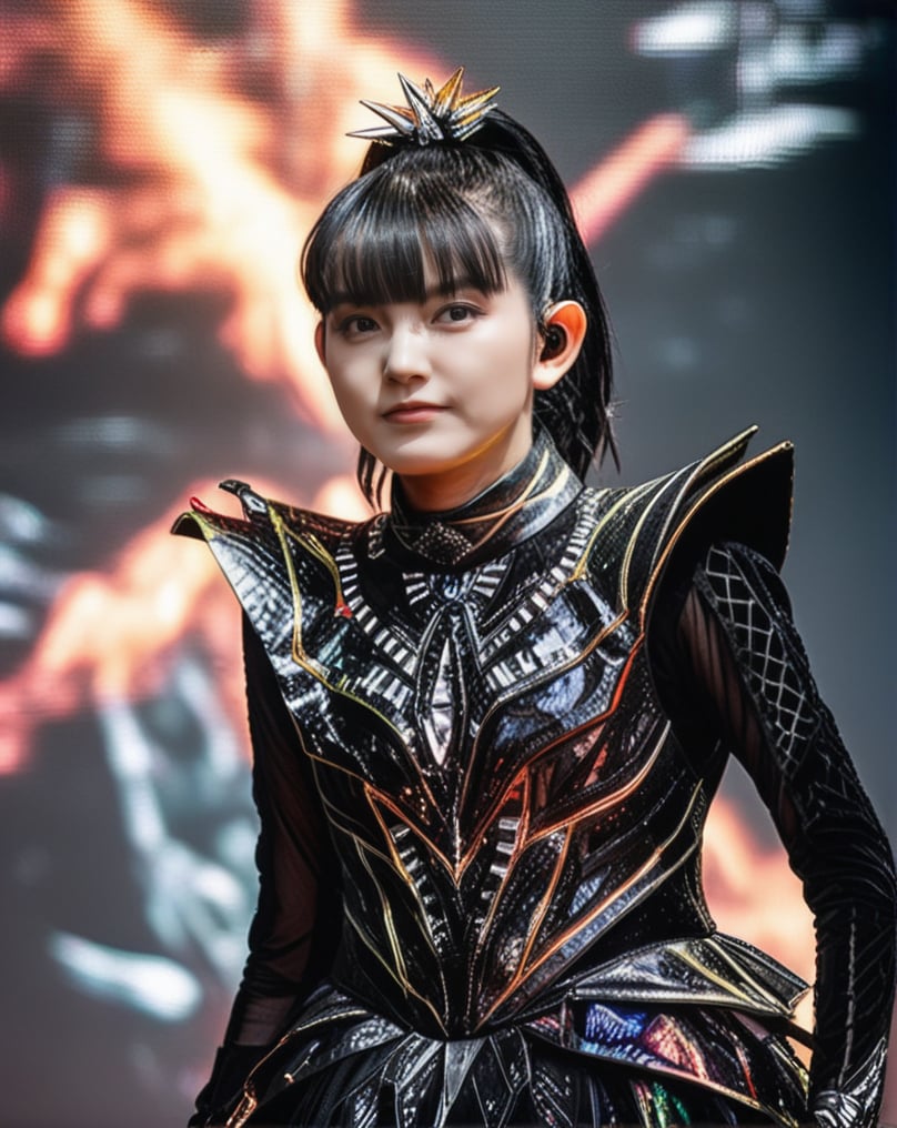 an upperbody close-up realistic shot with ultra detailed photo of sumetal from babymetal wearing a black metal cyborg suit , dark future battlefield background, ,heavy_jacket,Fire Angel Mecha.  hyper realistic photo, UHD quality. hyper realistic photo, UHD quality., focus,more detail XL., ,suzuka,bm