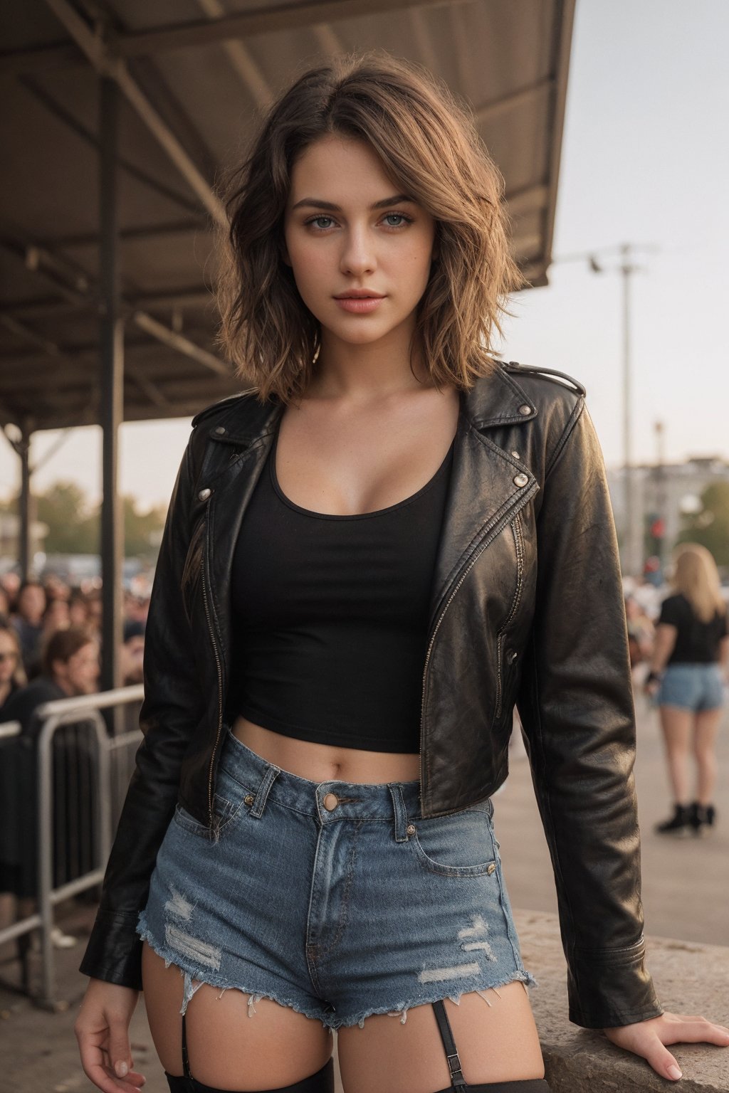 curvy teenager, 18 years old, (with a layered shag haircut, donning a vintage leather jacket, band tee, ripped shorts, top tnak and fishnet stockings, front row at a rock concert), ((facing viewer, looking at viewer)), innocent, blond, ((very small breasts)), tanned skin, small breasts, perfect hands, perfect fingers, perfect nails, golden hour, high contrast, RAW, photorealistic, realistic, post-processing, max detail, roughness, real life, ultra realistic, photorealism, photography, 8k uhd, golden hour, professional color grading