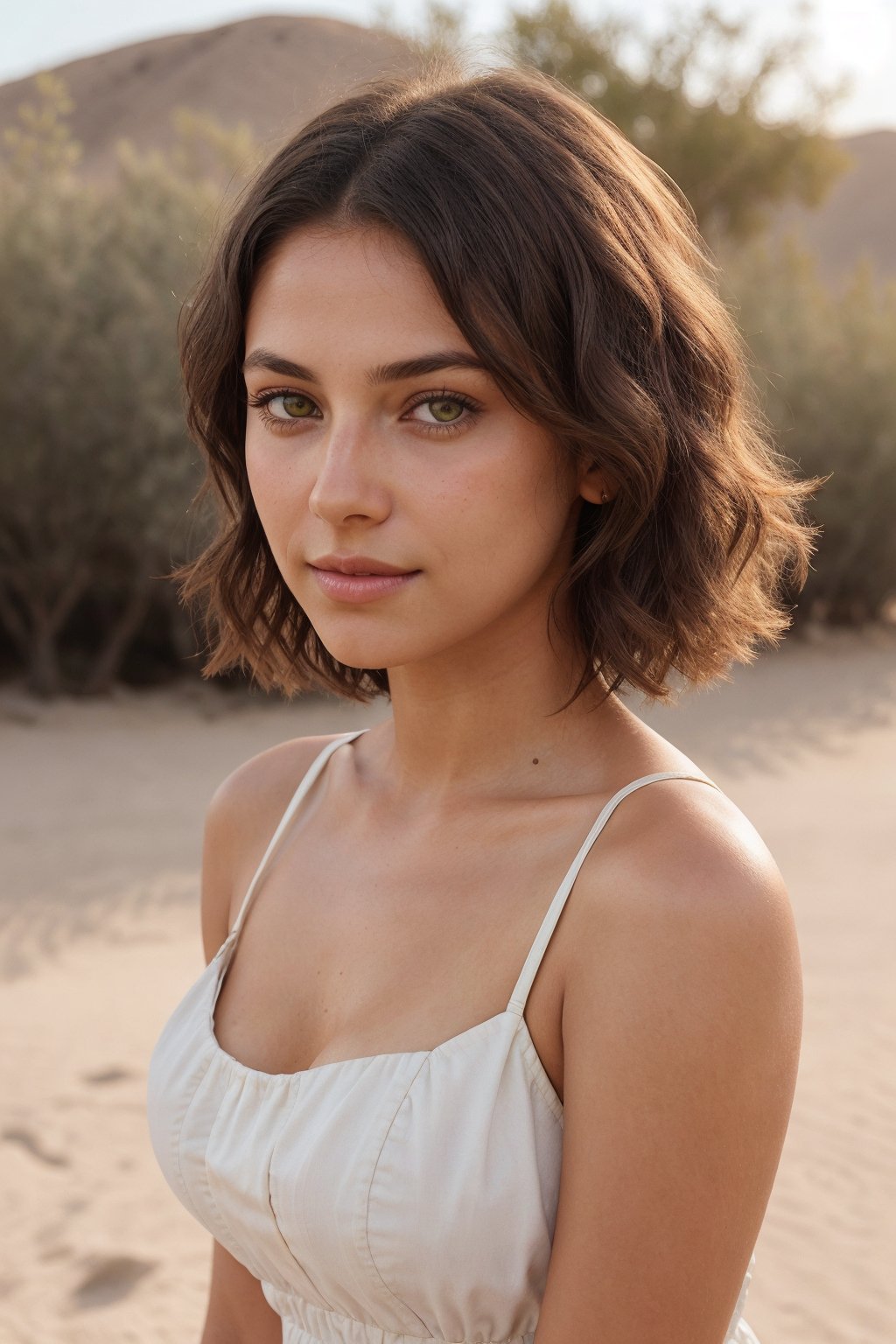 Realistic full body portrait of french girl in the california desert, cute smile, seductive, 18 years old, closed mouth, short hair, brunette, ((front view, looking at viewer)), lips, makeup, wavy hair, (wearing a summer dress, cream red color), realistic, soft lighting, professional Photography, Photorealistic, big-breasted, big buttocks, (extremely light detailed and symmetric greenish yellow eyes with circular iris), tanned skin, skin texture,  depth of field, instagram LUT,  picture taken with cellphone, sharp focus