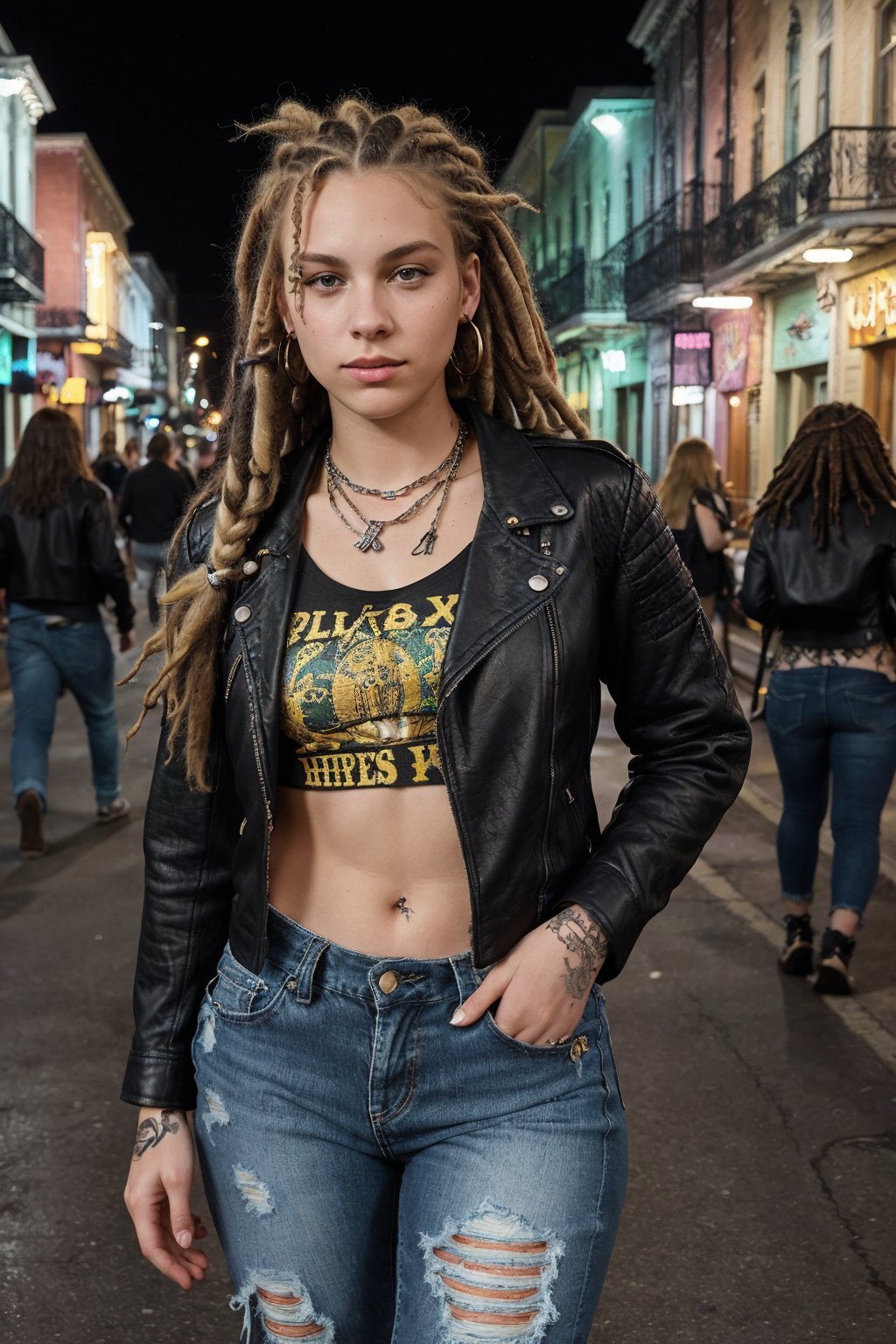 (A girl with dread locks, wearing a leather jacket, band tee, and ripped jeans, explores the vibrant streets of New Orleans during a lively autumn evening in the United States. The sounds of jazz music and the scent of Cajun spices evoke the spirit of Louisiana),  ((blond, curvy, 18 years old, with tatoos and piercing)) 