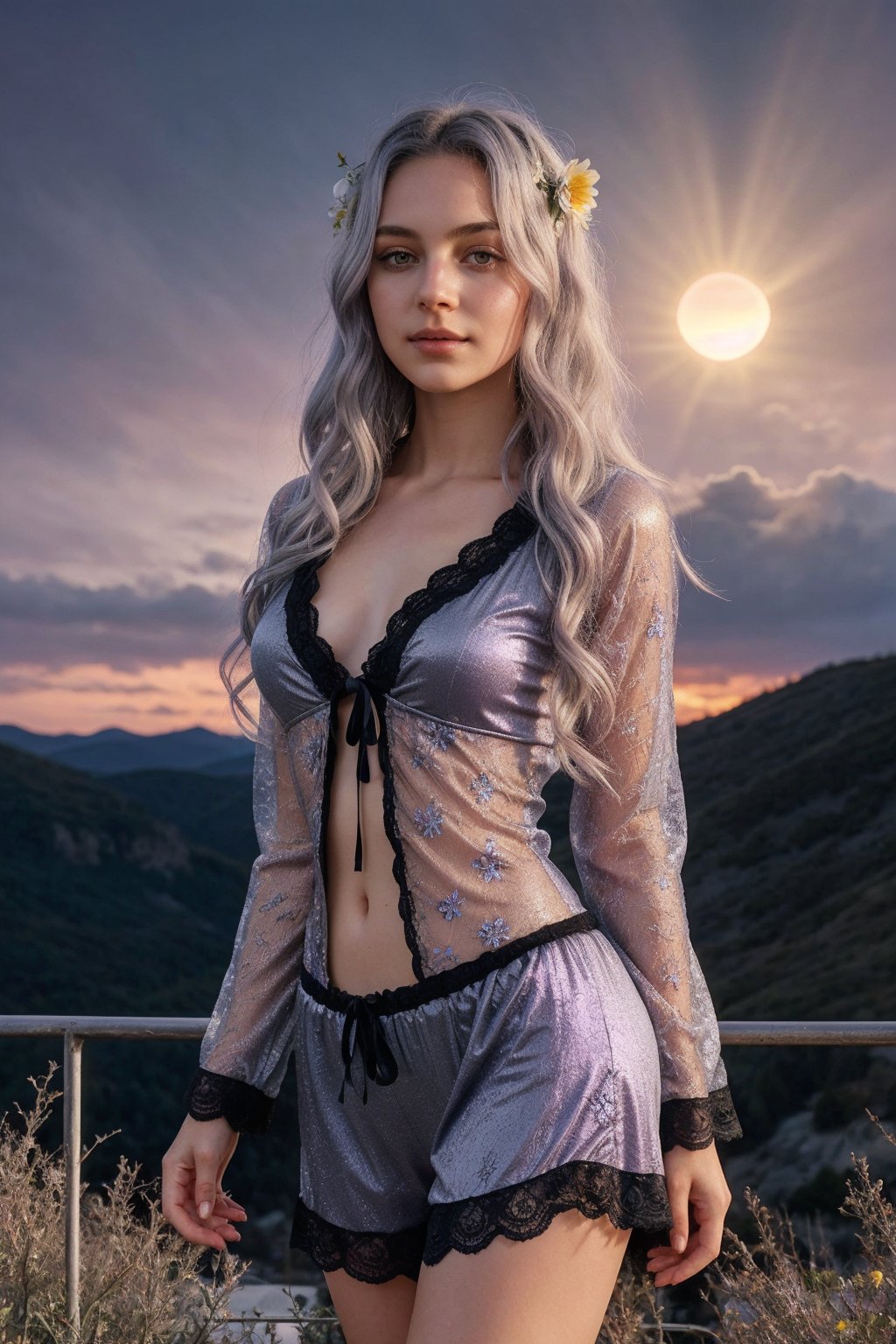 (A alien girl, with wavy silver hair with flowers, wearing a innocent lace seethrought, pajama, in a  glowing landscapes in a alien plannet. The red sun, purple sky and the sounds and the Lights over the montains create a magical experience), (extremely light detailed and symmetric greenish yellow eyes with circular iris), 15 years old, innocent, happy, curvy