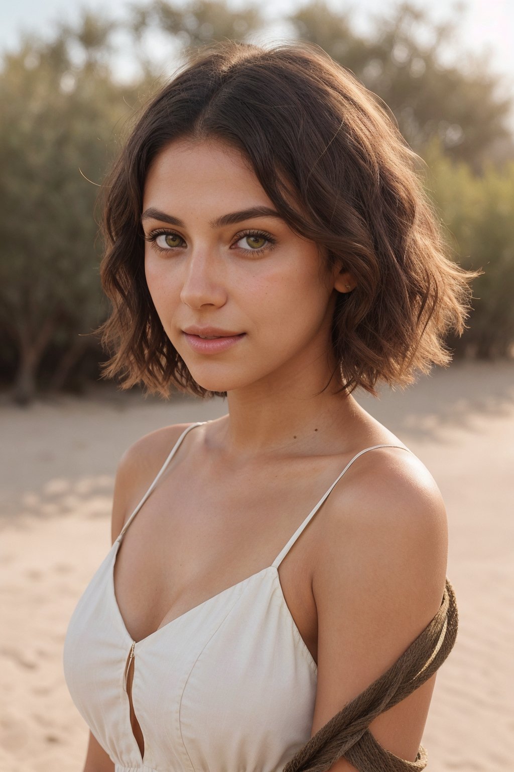 Realistic full body portrait of french girl in the california desert, cute smile, seductive, 18 years old, closed mouth, short hair, brunette, ((front view, looking at viewer)), lips, makeup, wavy hair, (wearing a summer dress, cream color), realistic, soft lighting, professional Photography, Photorealistic, big-breasted, big buttocks, (extremely light detailed and symmetric greenish yellow eyes with circular iris), tanned skin, skin texture,  depth of field, instagram LUT,  picture taken with cellphone, sharp focus