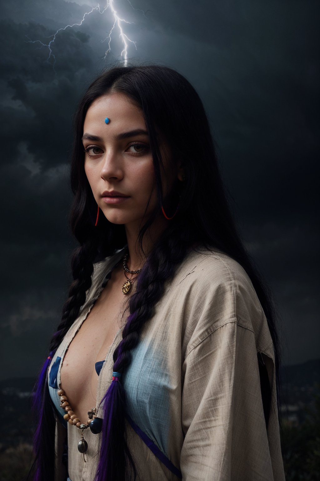 (full portrait, half shot), 1girl 18 years old, (native american), headdress, mystical, long black hair, braids,  ((facing viewer)), (gorgeous face), green eyes, ((beige frayed clothes, prayer beads, tribal jewelry, feathers, jade, obsidian, detailed clothing)), realistic skin texture, , ((dense purple smoke, whirlwind)), ((wind, foggy, lightning, thunder)), ((storm)), (dark light), hyper realistic, high detail, ((red and blue light, neon lights))