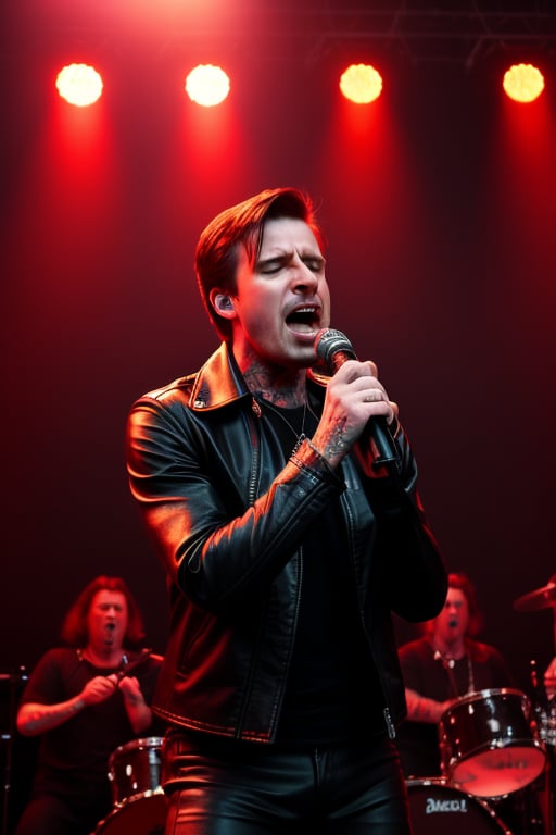 A dark haired metal singing man with lots of tattoos and a leather jacket singing on stage looking at the camera with his dark eyes