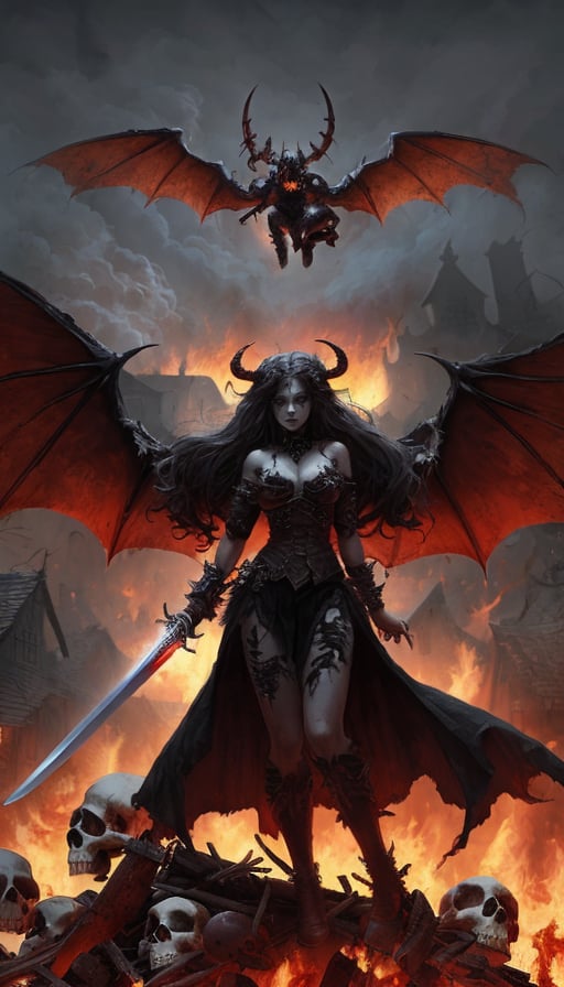 A beautiful female demon with red wings, a tail, and a sword in hand hovering above a pile of skulls with a burning village in the background