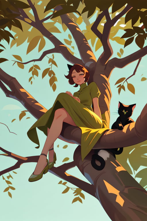 A woman dressed in leaves lounging in a tree like a cat
