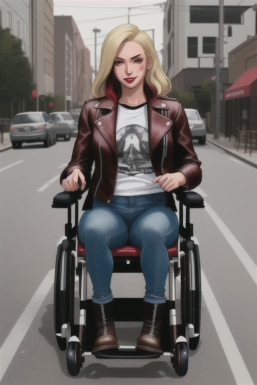 A blonde girl with a red streak in her hair in a motorized wheelchair wearing a band tshirt, a leather jacket, jeans, and black boots in realistic style