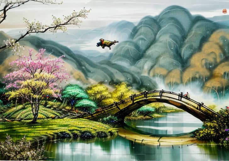 wgz_style,shukezouma,guofengnv,masterpiece, best quality,A painting, a landscape in spring, bamboo forest, distant mountains, dragon with red flame skin flying above river, bright pictures, realistic,yuyao