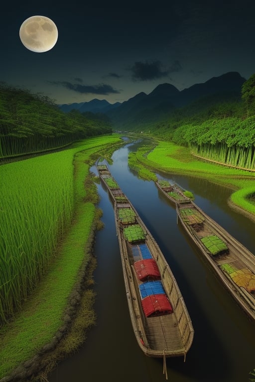 (8k picture), (high resolution) village river(crystal clear water), rice fields with bamboo forest fullmoon