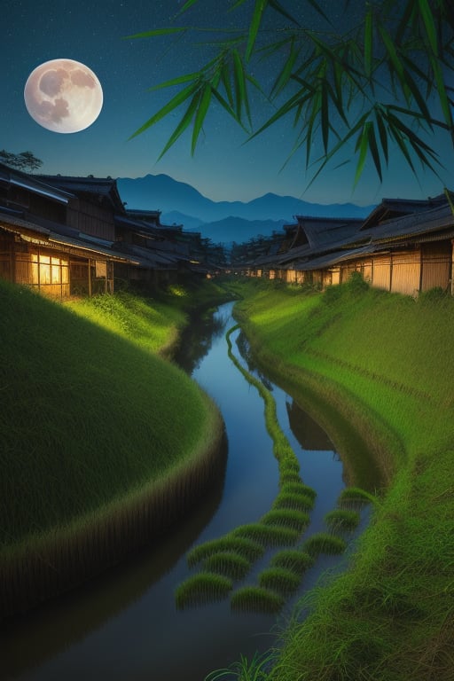 (8k picture), (high resolution) village river(crystal clear water), rice fields with bamboo forest fullmoon