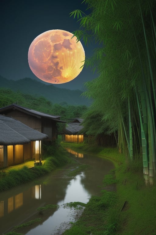 (8k picture), (high resolution)village with white clean water river and rice fields with bamboo forest fullmoon