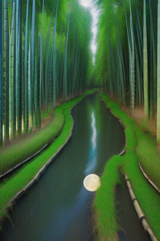 (8k picture), (high resolution) village river(clear water visible bottom), rice fields with bamboo forest fullmoon