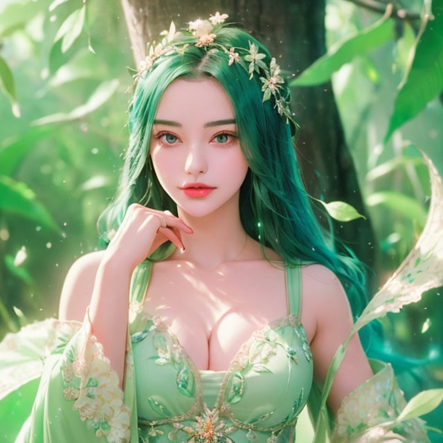 In a magical forest hidden from the world, there dwells a beautiful teen girl who is the guardian of nature's wonders. She is an enchanting creature, connected to the flora and fauna around her. Your task is to create an AI-generated artwork that brings this "Enchanting Forest Maiden" to life.

Imagine her with a radiant smile that reflects her kind and gentle nature. Her eyes should sparkle like emeralds, mirroring the lush greens of the forest she protects. Her hair can be adorned with delicate flowers or leaves, showcasing her harmonious bond with nature.

Dress her in ethereal attire inspired by the forest itself, blending natural elements into her clothing. She may wear a flowing gown made of leaves, petals, or even morning mist. Let her accessories shimmer with hints of magic, like twinkling crystals or glistening dewdrops.

Surround the Forest Maiden with the flora and fauna she cares for, ranging from majestic trees to playful woodland creatures. The forest should be filled with a sense of wonder and magic, with beams of sunlight filtering through the canopy, and mystical creatures peeking out from behind trees.