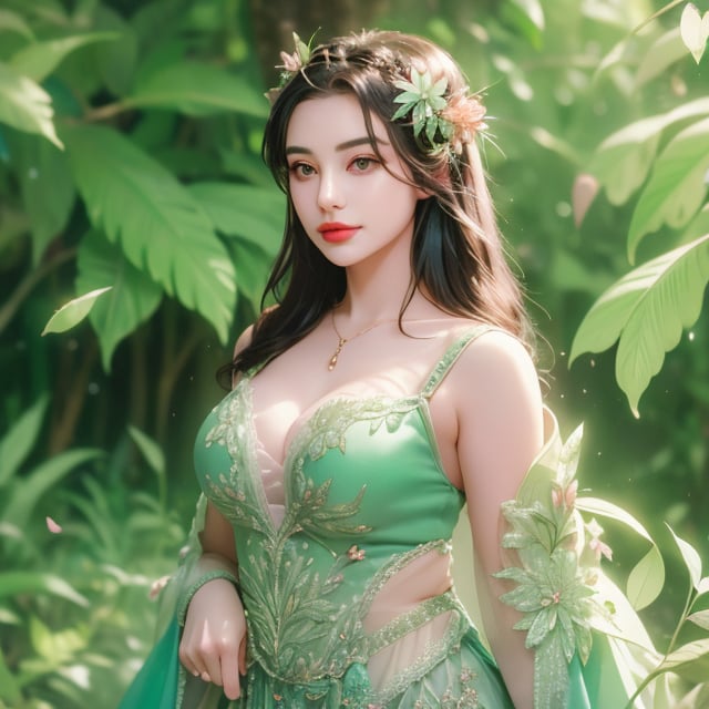 In a magical forest hidden from the world, there dwells a beautiful teen girl who is the guardian of nature's wonders. She is an enchanting creature, connected to the flora and fauna around her. Your task is to create an AI-generated artwork that brings this "Enchanting Forest Maiden" to life.

Imagine her with a radiant smile that reflects her kind and gentle nature. Her eyes should sparkle like emeralds, mirroring the lush greens of the forest she protects. Her hair can be adorned with delicate flowers or leaves, showcasing her harmonious bond with nature.

Dress her in ethereal attire inspired by the forest itself, blending natural elements into her clothing. She may wear a flowing gown made of leaves, petals, or even morning mist. Let her accessories shimmer with hints of magic, like twinkling crystals or glistening dewdrops.

Surround the Forest Maiden with the flora and fauna she cares for, ranging from majestic trees to playful woodland creatures. The forest should be filled with a sense of wonder and magic, with beams of sunlight filtering through the canopy, and mystical creatures peeking out from behind trees.