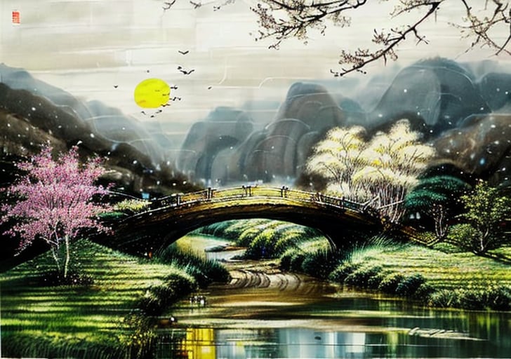 wgz_style,shukezouma,guofengnv,masterpiece, best quality,A painting, a landscape in spring, snowy, bamboo trees, rivers, distant mountains, night, moon, dragon with red flame skin flying above river, bright pictures, realistic,yuyao