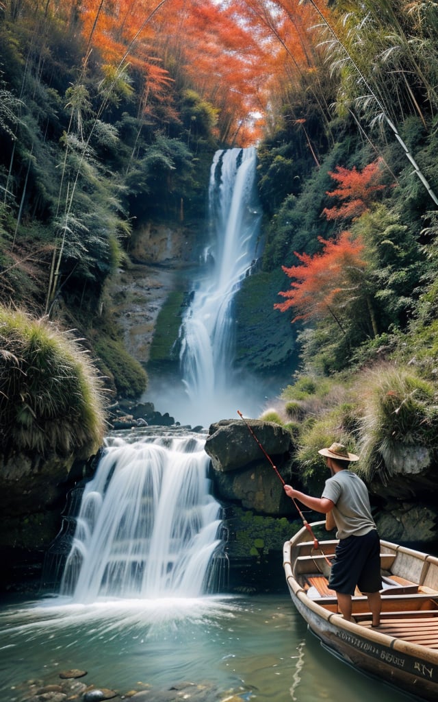 masterpiece, best quality, 8k, photo of landscape (waterfall from high mountain), riverflow (with stone and clear water), nightsky, halfmoon(red colour), 1man (asian fisherman fishing on bamboo boat,wearing straw), detailed_background , photorealistic, highly detailed, windblow, defocus photo, sharp background, real life lighting, highlights, bright instagram LUT