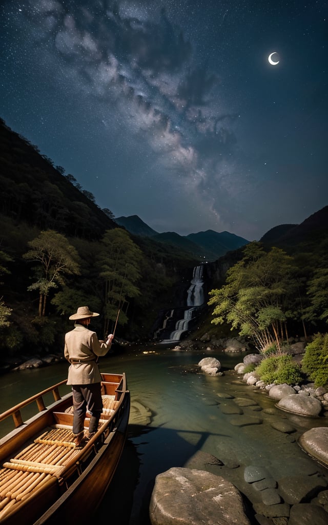 masterpiece, best quality, 8k, photo of landscape (waterfall from high mountain), riverflow (with stone and clear water), nightsky, moon(red), 1man (fisherman fishing on bamboo boat,wearing straw coat), detailed_background , photorealistic, highly detailed, windblow, defocus photo, sharp background, real life lighting, highlights, bright instagram LUT