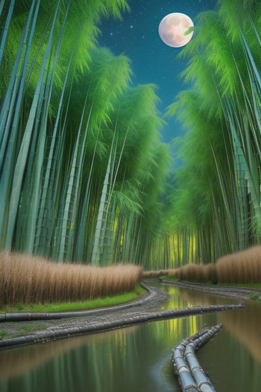 (8k picture), (high resolution)village with crystal clean water river and rice fields with bamboo forest fullmoon