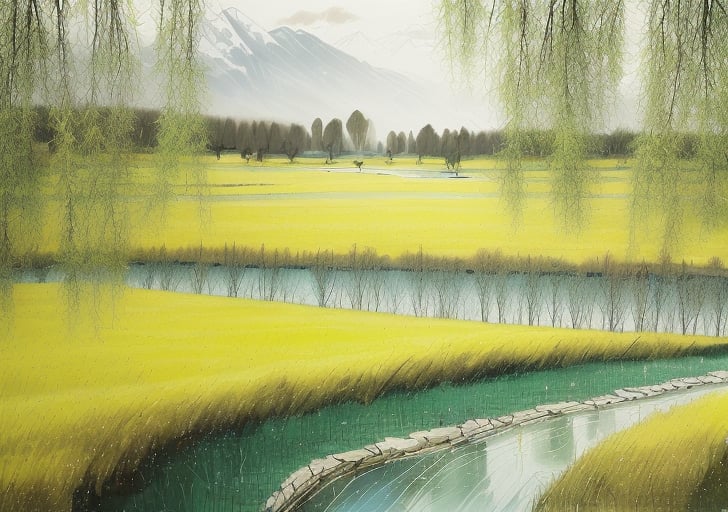 wgz_style,shukezouma,guofengnv,masterpiece, best quality,A painting, a landscape in early spring, willow trees sprouting up, rivers, distant mountains, bright pictures