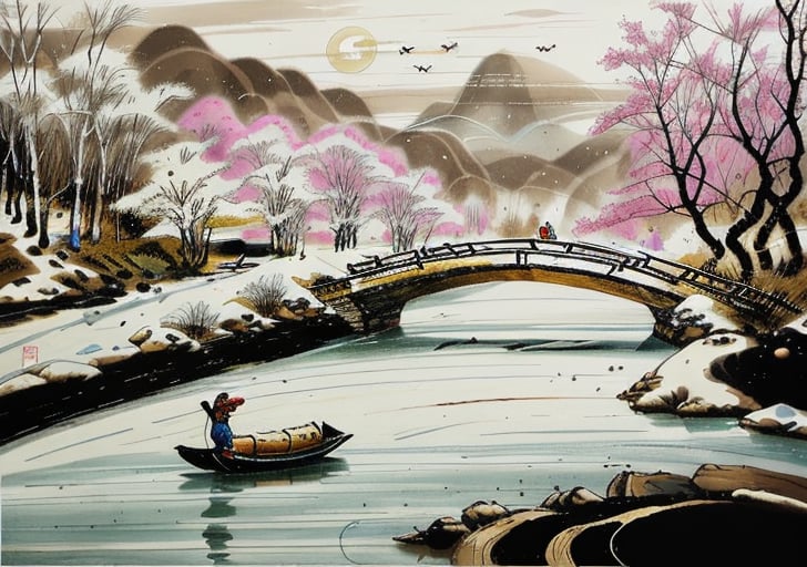 wgz_style,shukezouma,guofengnv,masterpiece, best quality,A painting, a landscape in winter, snowy, bamboo trees, rivers, distant mountains, night, moon, dragon with red flame skin flying above river, bright pictures, realistic