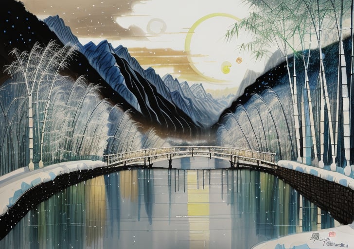 wgz_style,shukezouma,guofengnv,masterpiece, best quality,A painting, a landscape in winter, snowy, bamboo trees, rivers, distant mountains, night, moon, bright pictures, realistic