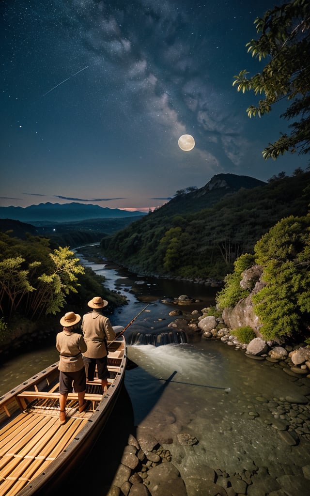 masterpiece, best quality, 8k, photo of landscape (waterfall from high mountain), riverflow (with stone and clear water), nightsky, moon(red), 1man (fisherman fishing on bamboo boat,wearing straw coat), detailed_background , photorealistic, highly detailed, windblow, defocus photo, sharp background, real life lighting, highlights, bright instagram LUT