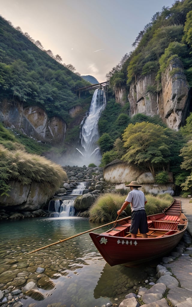 masterpiece, best quality, 8k, photo of landscape (waterfall from high mountain), riverflow (with stone and clear water), nightsky, halfmoon(red colour), 1man (asian fisherman fishing on bamboo boat,wearing straw), detailed_background , photorealistic, highly detailed, windblow, defocus photo, sharp background, real life lighting, highlights, bright instagram LUT