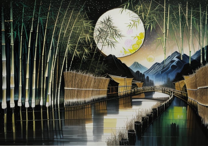 wgz_style,shukezouma,guofengnv,masterpiece, best quality,A painting, a landscape in winter, bamboo trees, rivers, distant mountains, night, moon, bright pictures, realistic