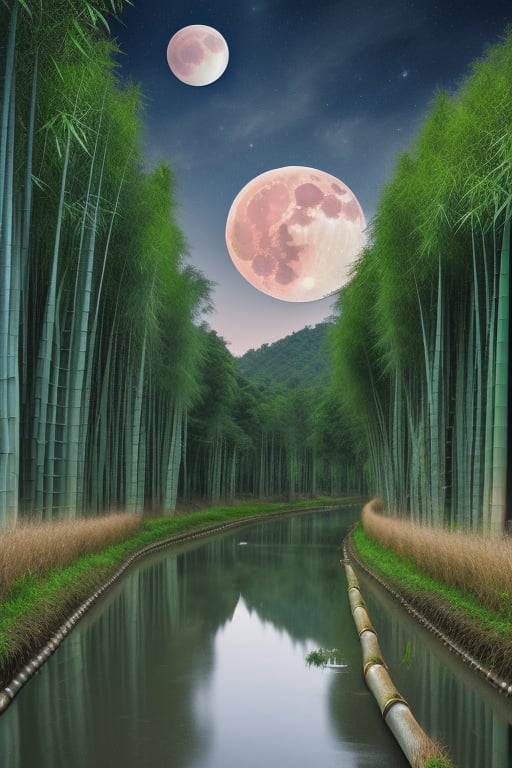 (8k picture), (high resolution)village with crystal clean water river and rice fields with bamboo forest fullmoon