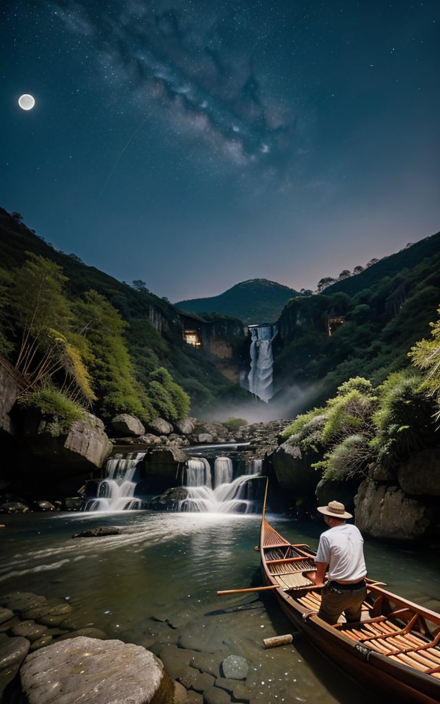 masterpiece, best quality, 8k, photo of landscape (waterfall from high mountain), riverflow (with stone and clear water), nightsky (half red moon), 1man (fisherman fishing on bamboo boat), detailed_background , photorealistic, highly detailed, windblow, defocus photo, sharp background, real life lighting, highlights, bright instagram LUT