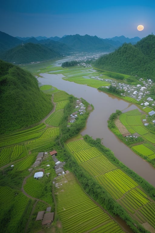 (8k picture), (high resolution)village with river and rice fields visible from the hills with bamboo forest fullmoon