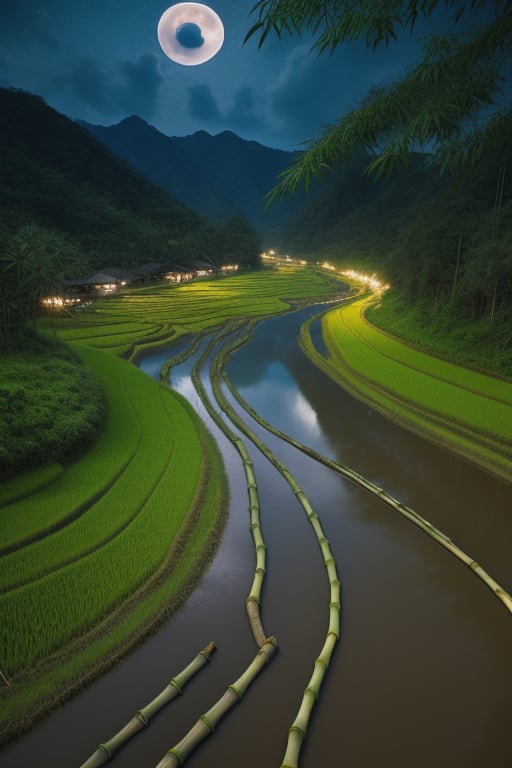 (8k picture), (high resolution) village river(crystal clear water), rice fields with bamboo forest fullmoon