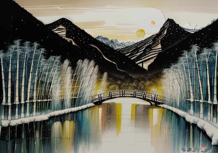 wgz_style,shukezouma,guofengnv,masterpiece, best quality,A painting, a landscape in winter, snowy, bamboo trees, rivers, distant mountains, night, moon, bright pictures, realistic