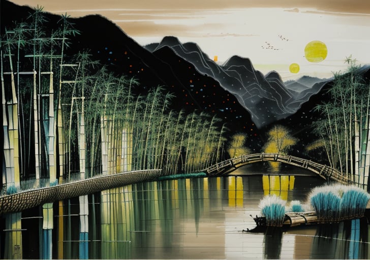 wgz_style,shukezouma,guofengnv,masterpiece, best quality,A painting, a landscape in winter, bamboo trees, rivers, distant mountains, night, moon, bright pictures, realistic