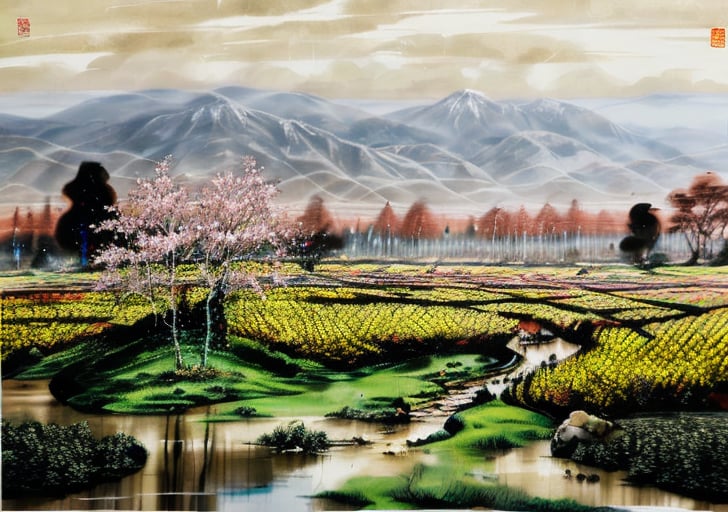 wgz_style,shukezouma,guofengnv,masterpiece, best quality,A painting, a landscape in spring, bamboo forest, distant mountains, dragon with red flame skin, bright pictures, realistic,yuyao