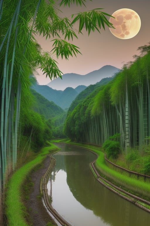 (8k picture), (high resolution)village with crystal clean water river and rice fields with bamboo forest fullmoon