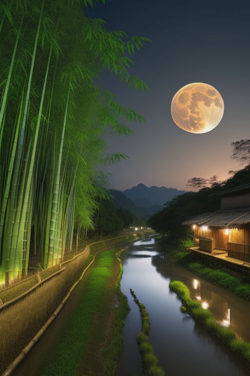 (8k picture), (high resolution) village river(clear water visible bottom), rice fields with bamboo forest fullmoon