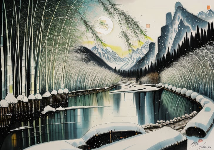 wgz_style,shukezouma,guofengnv,masterpiece, best quality,A painting, a landscape in winter, snowy, bamboo trees, rivers, distant mountains, night, moon, bright pictures, realistic