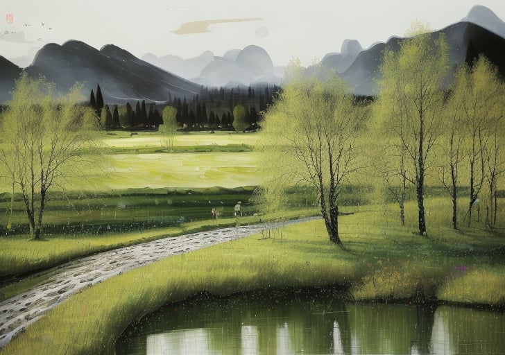 wgz_style,shukezouma,guofengnv,masterpiece, best quality,A painting, a landscape in early autum, willow trees, rivers, distant mountains, night, bright pictures