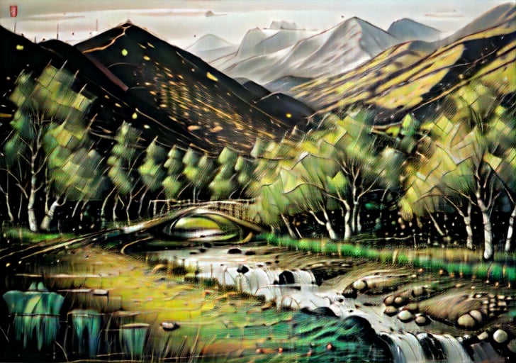 wgz_style,shukezouma,guofengnv,masterpiece, best quality,A painting, a landscape in early autum, willow trees, rivers, distant mountains, night, bright pictures