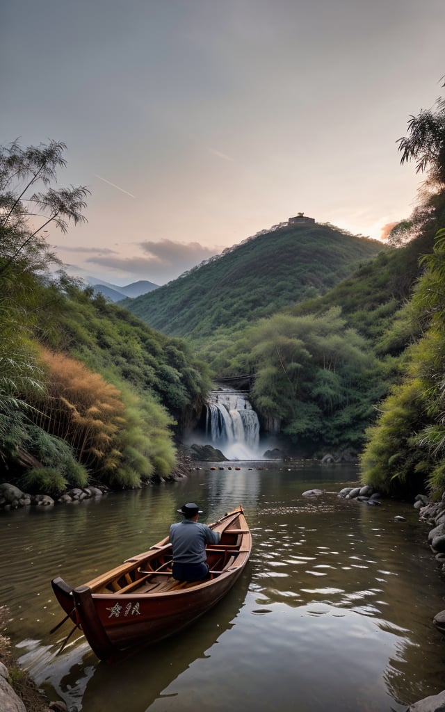 masterpiece, best quality, 8k, photo of landscape (waterfall from high mountain), riverflow (with stone and clear water), nightsky, halfmoon(red colour), 1man (asian fisherman fishing on bamboo boat,wearing straw), detailed_background , photorealistic, highly detailed, windblow, defocus photo, sharp background, real life lighting, highlights, bright instagram LUT