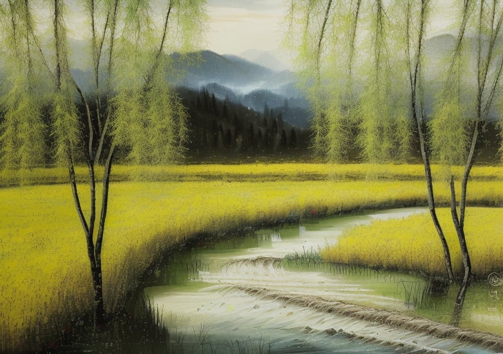 wgz_style,shukezouma,guofengnv,masterpiece, best quality,A painting, a landscape in early autum, willow trees, rivers, distant mountains, night, bright pictures