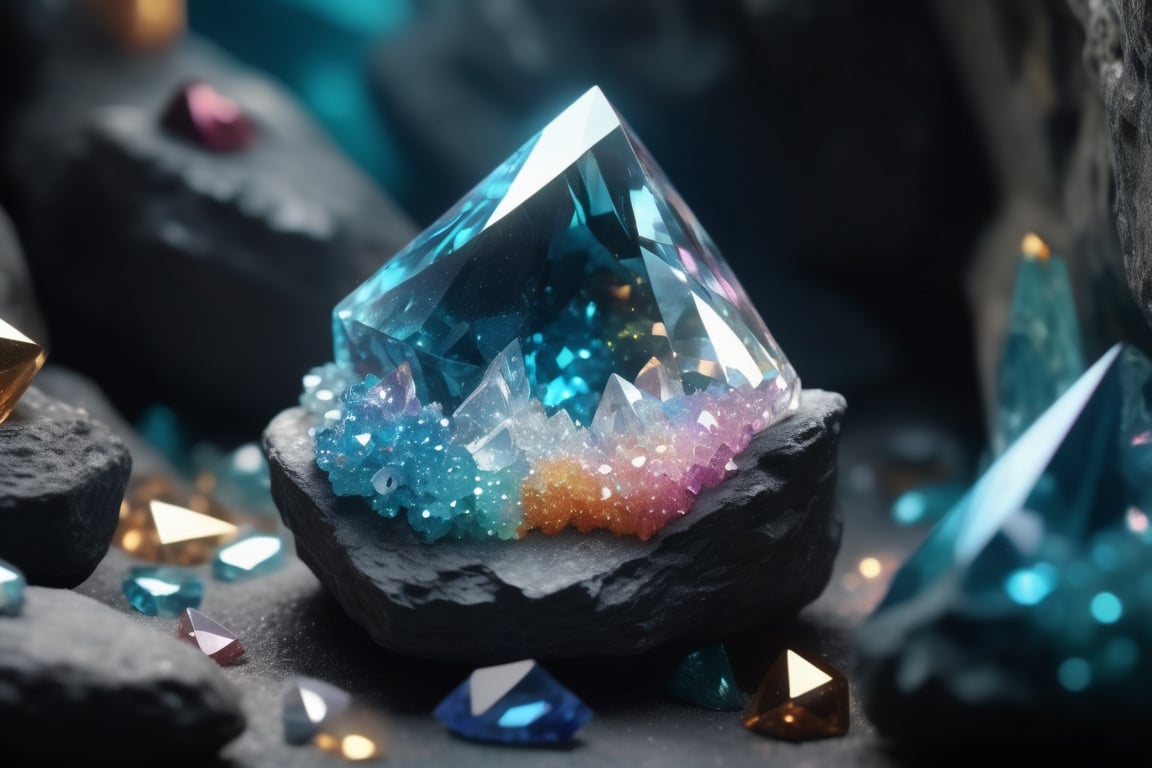 A fairy dark cave with magic enchanted crystals on the rock, quartz, diamond, coloured crystals, bioluminescense, crystals shining of proper light, light blend, camera glare, depth of field, sharp focus, miniature, dreamy light, enchanted picture, harmonic coomposition, aesthetics, rule of thirds, 16k uhd raw