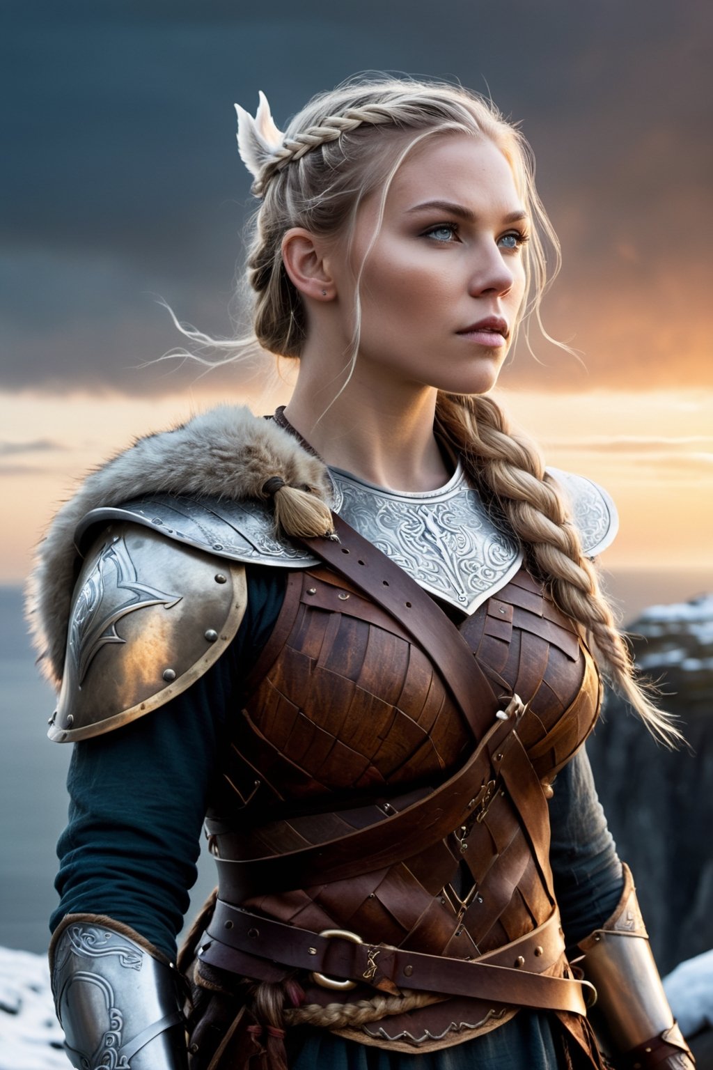 Create an illustration of a female viking warrior, her appeareance is beautiful yet strong and viril, beautiful face, beautiful eyes, realistic hyperdetailed skin, two meters long blonde hair gathered in a long braid, standing on the top of a cliff, wearing fur clothes, holding a sword, viking armature, artistic composition, sunset, golden hour, dark sky, fog, island, icebergs, sea, ocean, freezing cold, incredibly detailed, hyperrealistic, hyperdetailed, Extremely Realistic,more detail XL