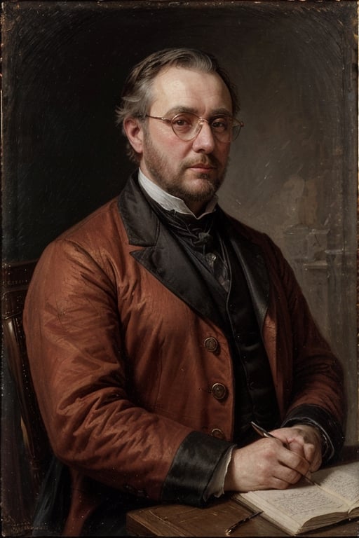 ((best quality)), ((masterpiece)), portrait of Pierre Bezukoff, an extremely rich noble with a tender heart and the aim of helping everybody, he's extremely robust but not fat, his expression is shy and sweet and his cheeks are red, he wears round glasses with (thick lenses), Russian, War and Peace, nineteenth century, historic portrait, oil painting, insane details, intricate details, 8k raw