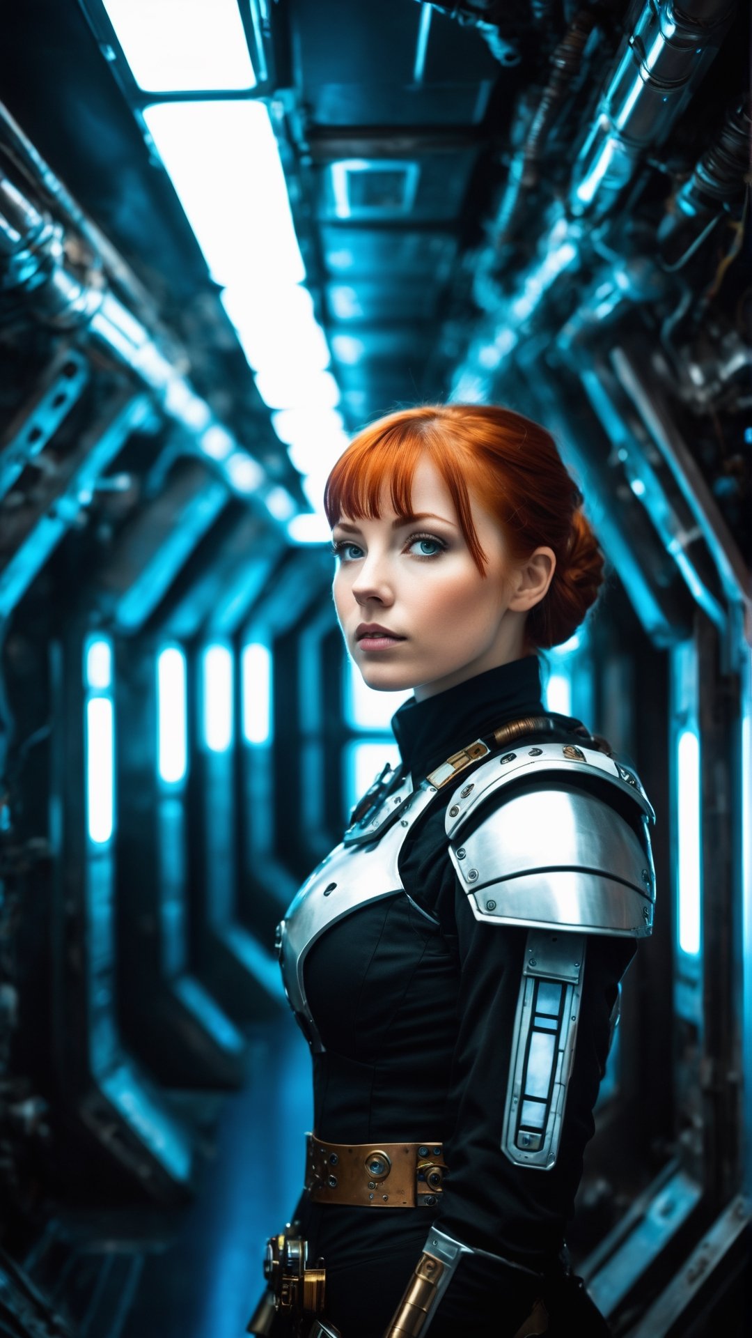 photo of  1woman in a spaceship corridor, anime, tech background, natural pose, high definition face, beautiful face:1.5, redhead, steampunk, scifi armor, cyberpunk lights, sci-fi armature, high resolution background, realistic colors, interesting colors, interesting lights