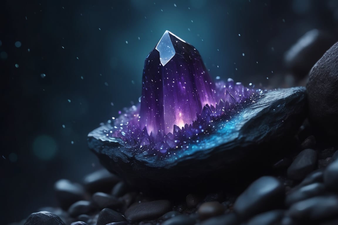 A fairy dark cavern with magic enchanted crystals on the rock, amethyst, the shape of the crystals is ca cylinder an they grow with different and chaotic angles, crystals growing on the rock of a cave, the light emitted by the crystals is the only light source and shines on the dark rocks that sourround the crystal,, apart from this light, the cave is completely dark coloured crystals, bioluminescence, crystals shining of proper light, light blend, camera glare, depth of field, sharp focus, miniature, dreamy light,, little drops of water shines on the surrounding rocks, enchanted picture, harmonic coomposition, aesthetics, rule of thirds, 16k uhd raw, 50k samples, denoised, miniature effect, bokeh blur