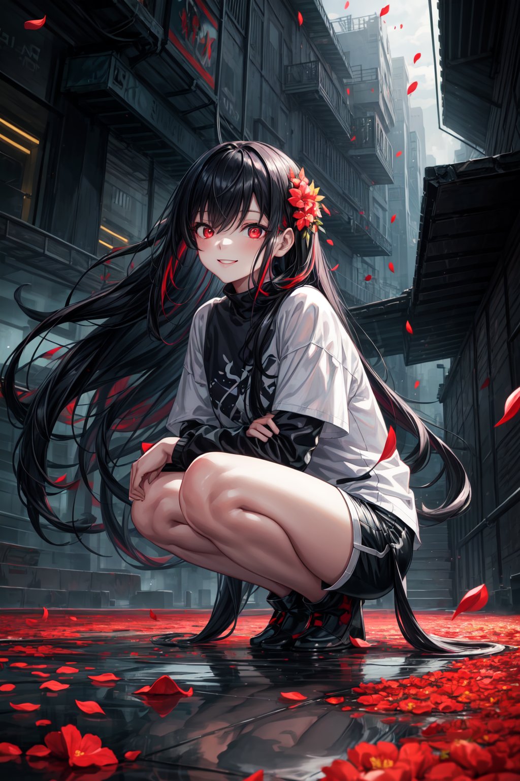 vibrant colors, girl, masterpiece, sharp focus, best quality, cinematic lighting, detailed outfit, perfect eyes, glowing eyes, squatting, black hair, colored inner hair, red eyes, very long hair, foliage, floating flower petals, sunlight, scenery, night, futuristic city, shorts, shirt, smiling,fate/stay background